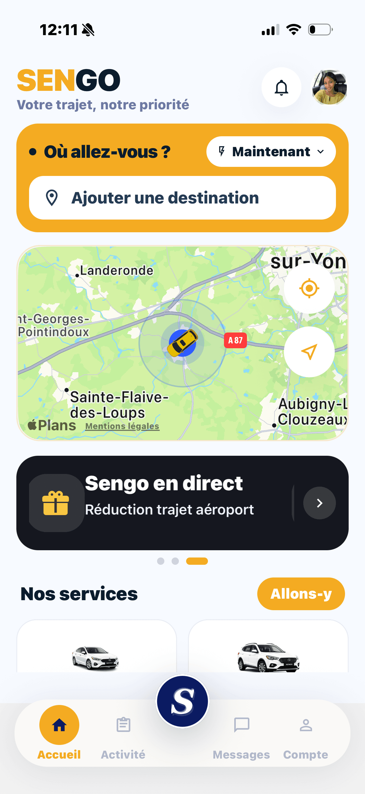 Accueil SENGO avec carte et services